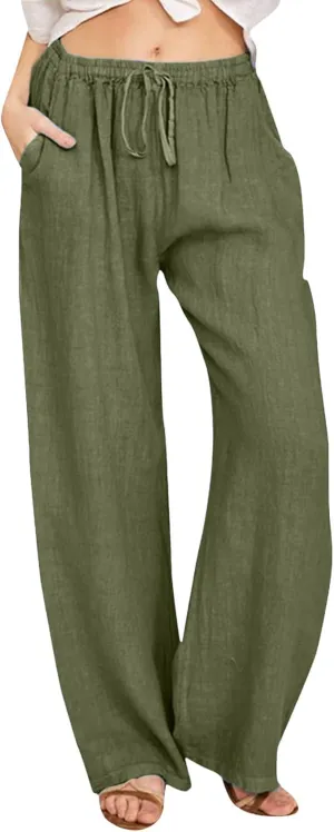 Women's Cotton Linen Pants Elastic Waist Trousers Casual Lightweight Pant Drawstring Wide Leg Pant Summer Beach Pant