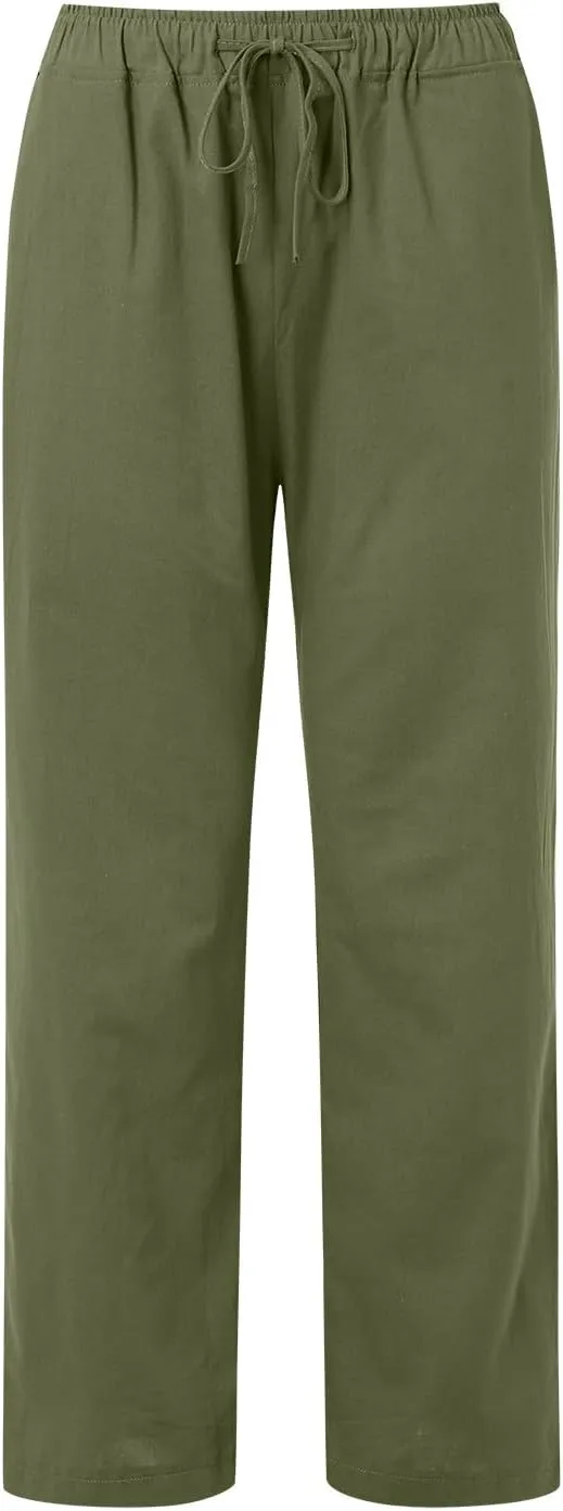 Women's Cotton Linen Pants Elastic Waist Trousers Casual Lightweight Pant Drawstring Wide Leg Pant Summer Beach Pant
