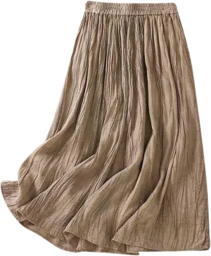 Womens Cotton Linen Skirts Solid Color Casual Pleated Flowy Skirt Lightweight Elastic Waist A-Line Swing Midi Skirts