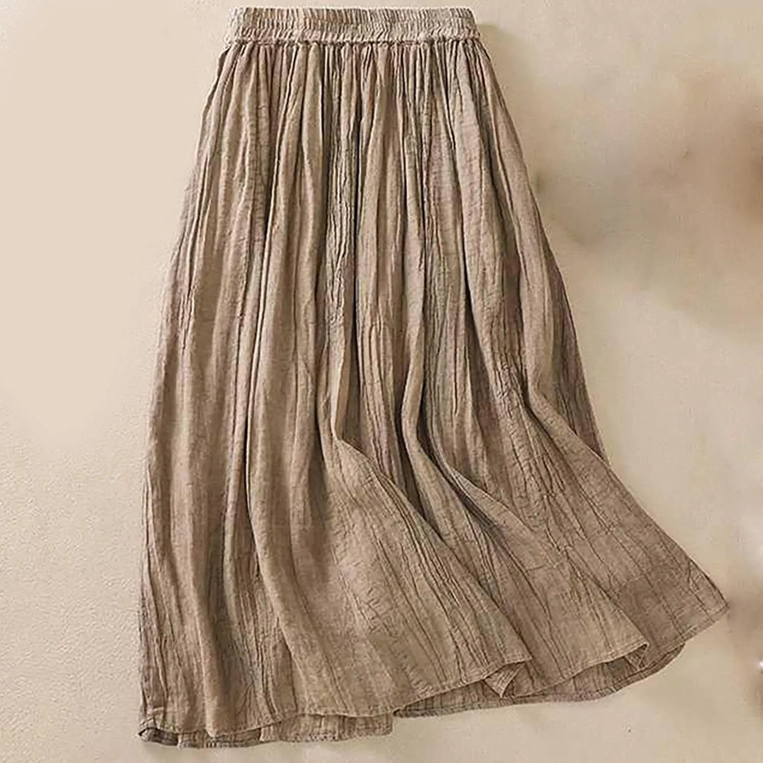 Womens Cotton Linen Skirts Solid Color Casual Pleated Flowy Skirt Lightweight Elastic Waist A-Line Swing Midi Skirts