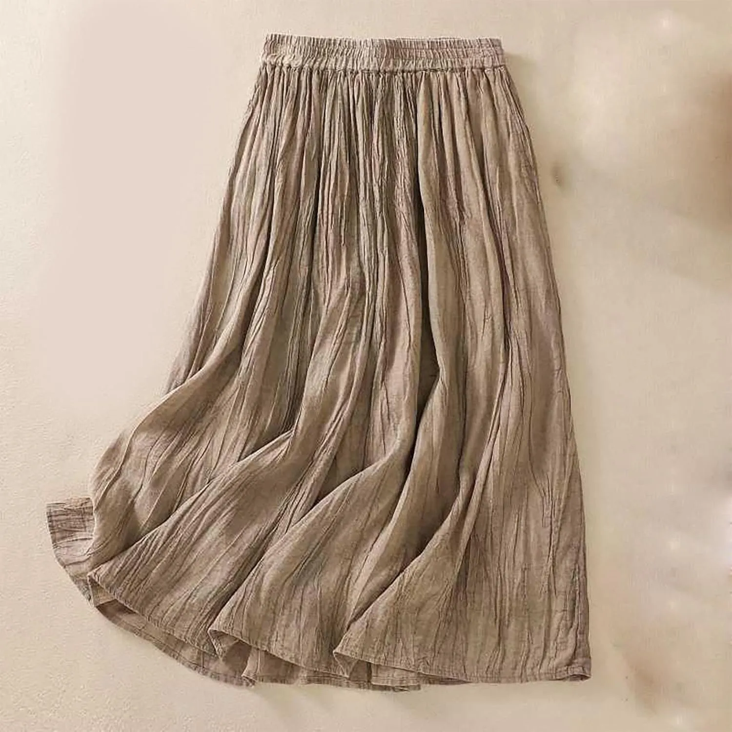 Womens Cotton Linen Skirts Solid Color Casual Pleated Flowy Skirt Lightweight Elastic Waist A-Line Swing Midi Skirts