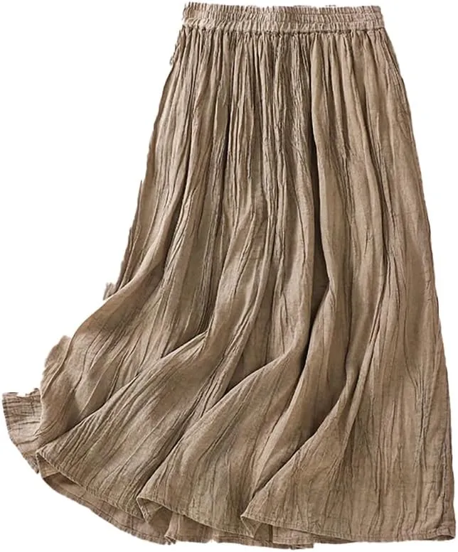 Womens Cotton Linen Skirts Summer Casual Flowy Elastic High Waist Pleated A-Line Midi Skirts with Pockets