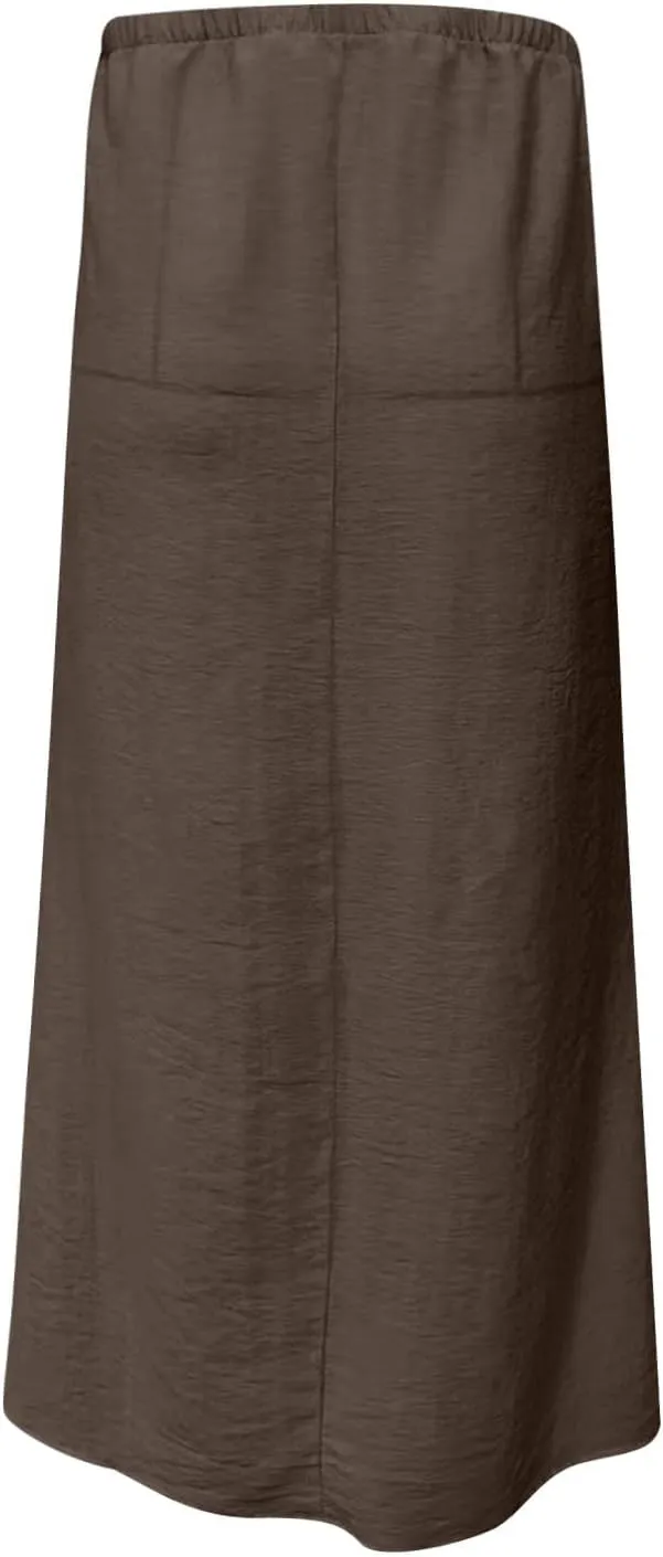 Women's Cotton Linen Skirts Summer Solid Color Elastic Waist Drawstring Skirt Casual Summer Flowy Ankle Length Skirt