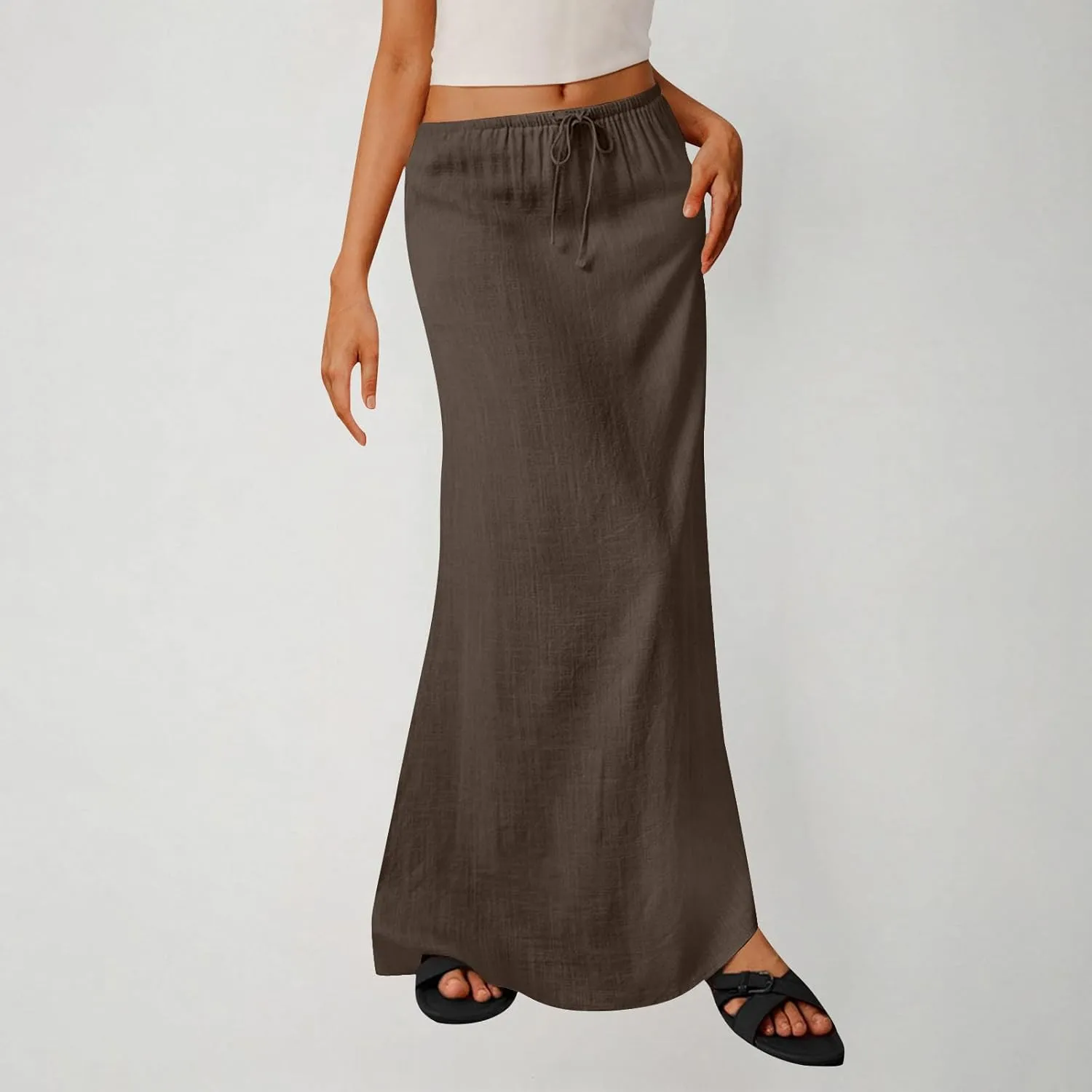 Women's Cotton Linen Skirts Summer Solid Color Elastic Waist Drawstring Skirt Casual Summer Flowy Ankle Length Skirt