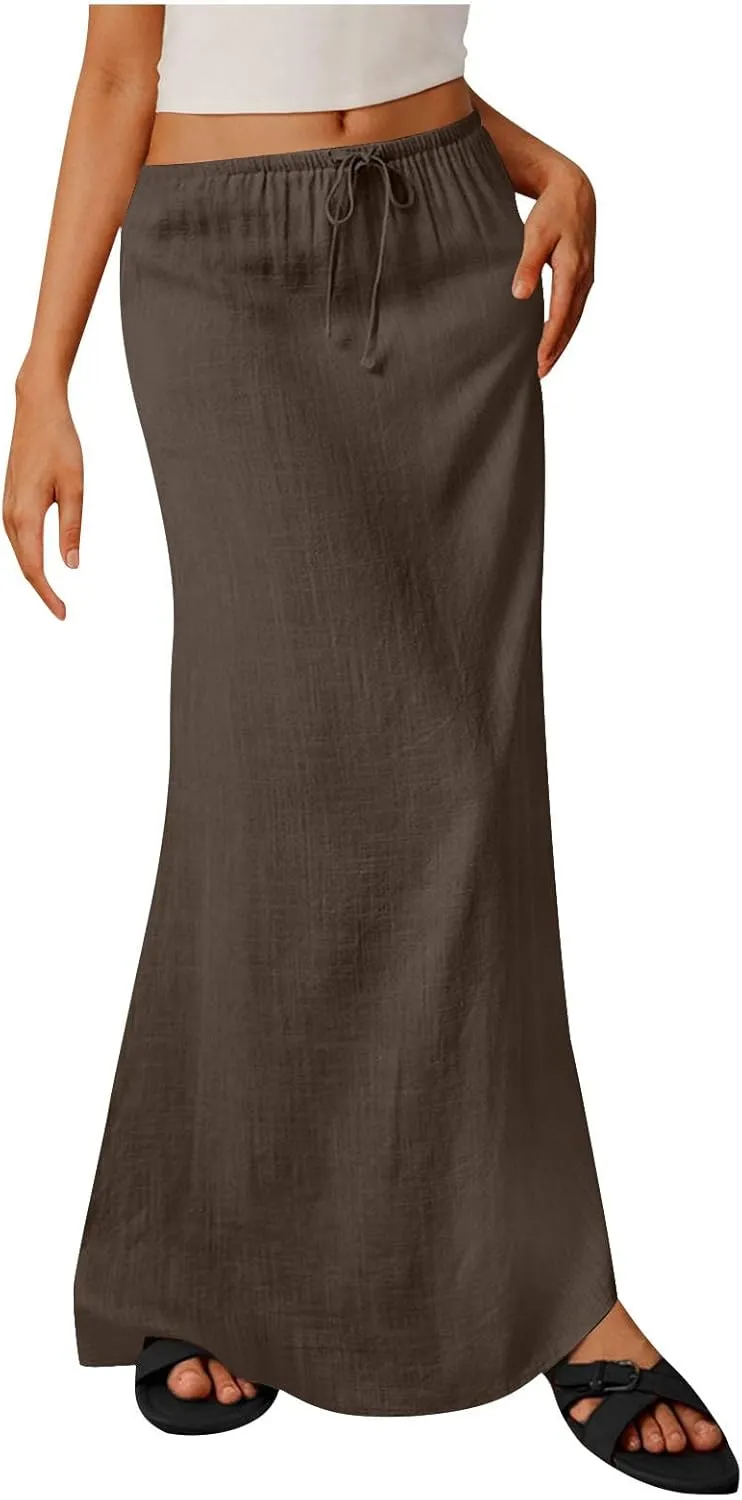 Women's Cotton Linen Skirts Summer Solid Color Elastic Waist Drawstring Skirt Casual Summer Flowy Ankle Length Skirt