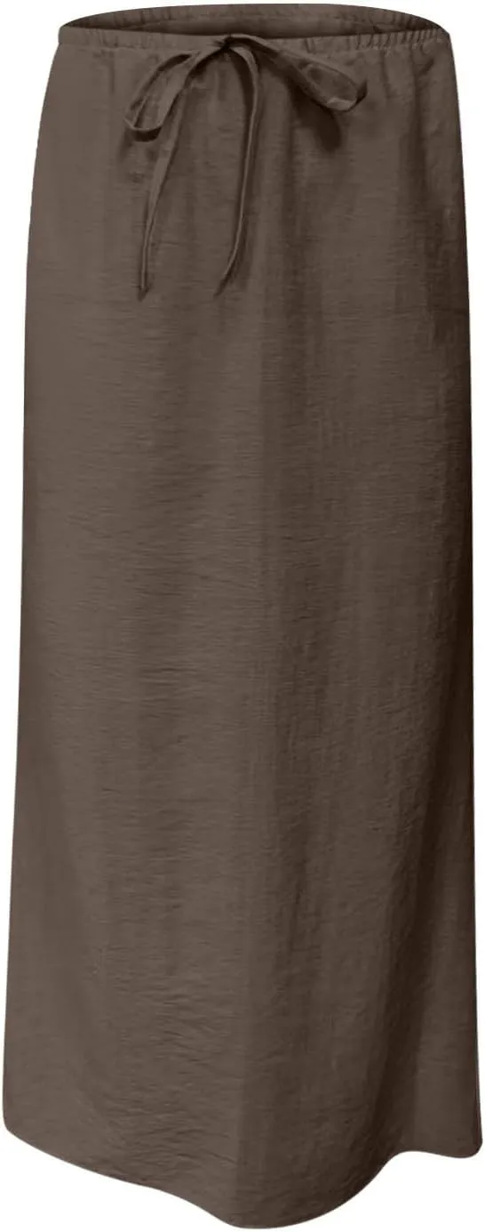 Women's Cotton Linen Skirts Summer Solid Color Elastic Waist Drawstring Skirt Casual Summer Flowy Ankle Length Skirt