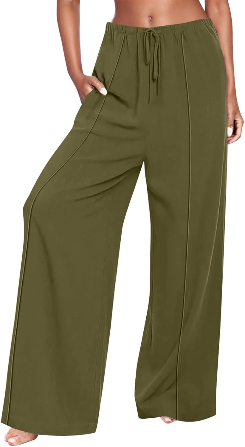 Womens Cotton Linen Summer Palazzo Pants Loose Comfy Wide Leg Pants Drawstring Elastic Waist Lounge Pants with Pockets