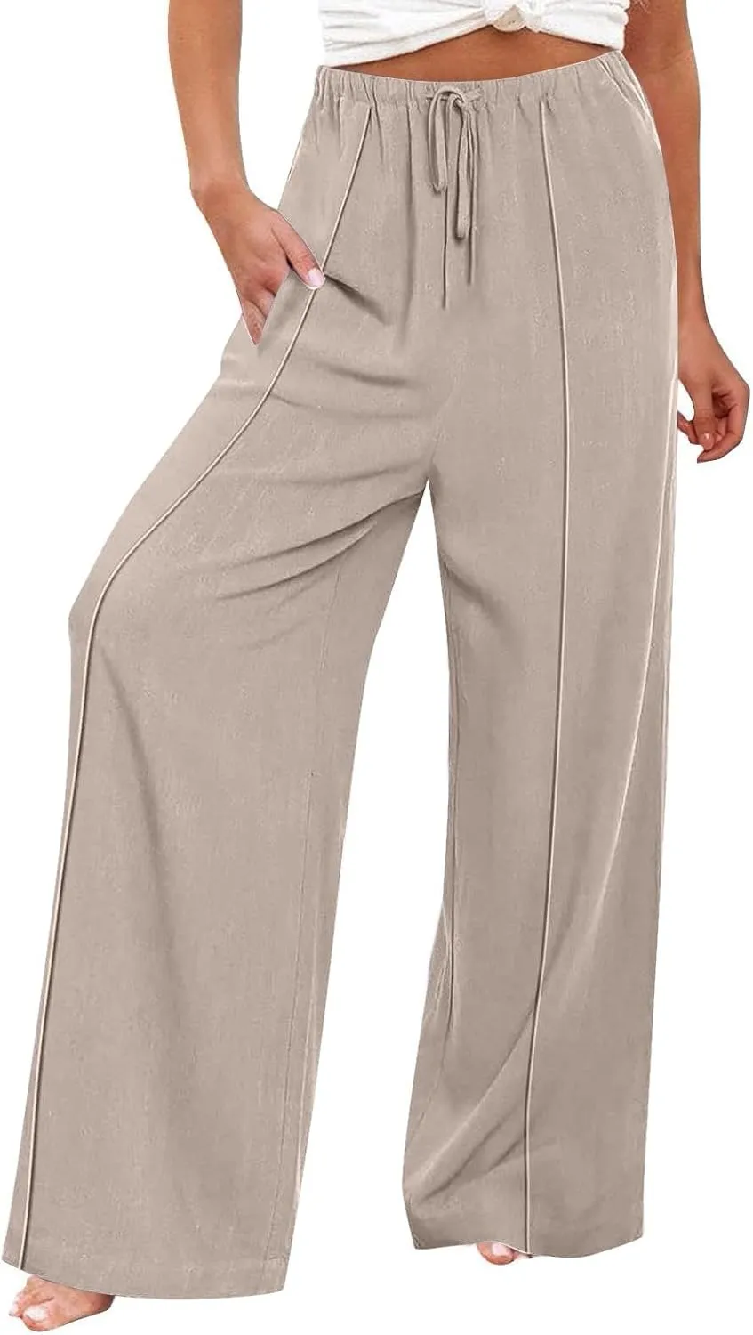 Womens Cotton Linen Summer Palazzo Pants Loose Comfy Wide Leg Pants Drawstring Elastic Waist Lounge Pants with Pockets