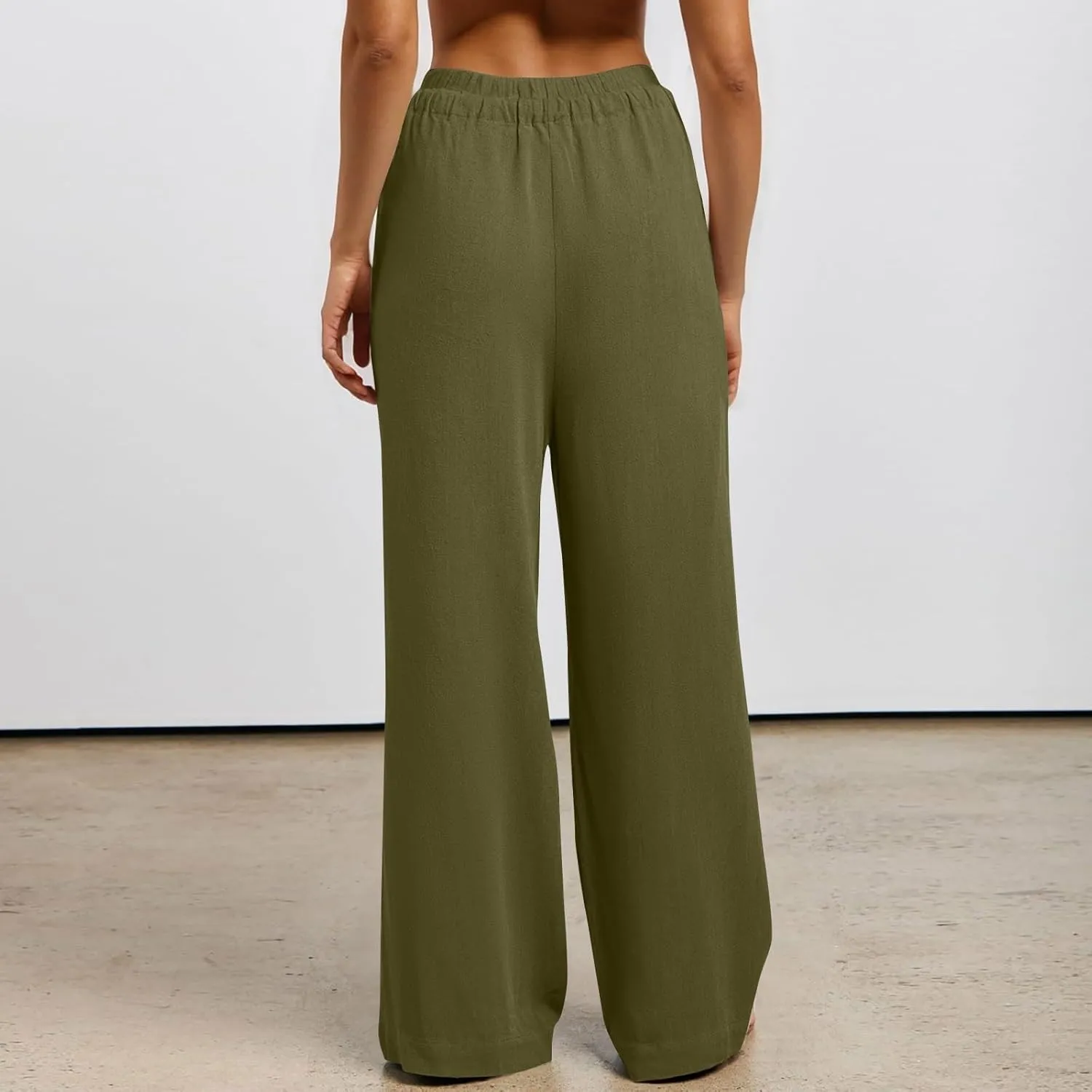 Womens Cotton Linen Summer Palazzo Pants Loose Comfy Wide Leg Pants Drawstring Elastic Waist Lounge Pants with Pockets