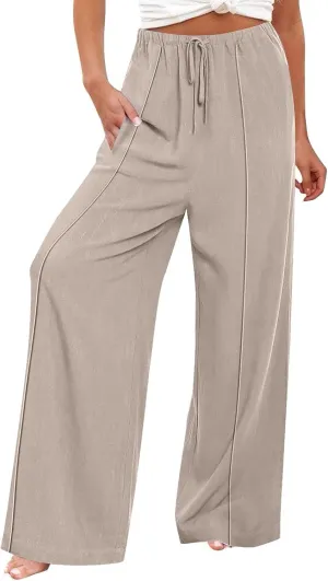 Womens Cotton Linen Summer Palazzo Pants Loose Comfy Wide Leg Pants Drawstring Elastic Waist Lounge Pants with Pockets