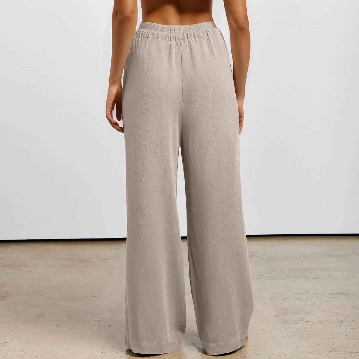 Womens Cotton Linen Summer Palazzo Pants Loose Comfy Wide Leg Pants Drawstring Elastic Waist Lounge Pants with Pockets