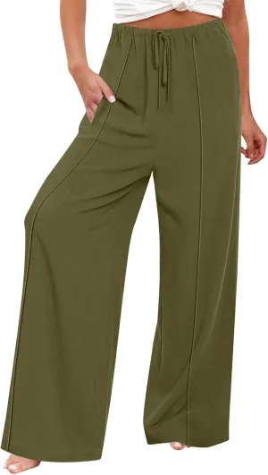 Womens Cotton Linen Summer Palazzo Pants Loose Comfy Wide Leg Pants Drawstring Elastic Waist Lounge Pants with Pockets