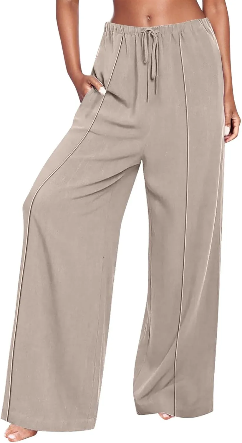 Womens Cotton Linen Summer Palazzo Pants Loose Comfy Wide Leg Pants Drawstring Elastic Waist Lounge Pants with Pockets