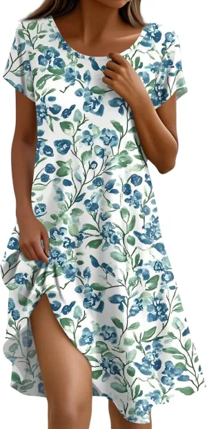 Women's Crew Neck Dresses Casual Sundress Beach Summer Short Sleeve Floral Knee Length A-Line with Pockets