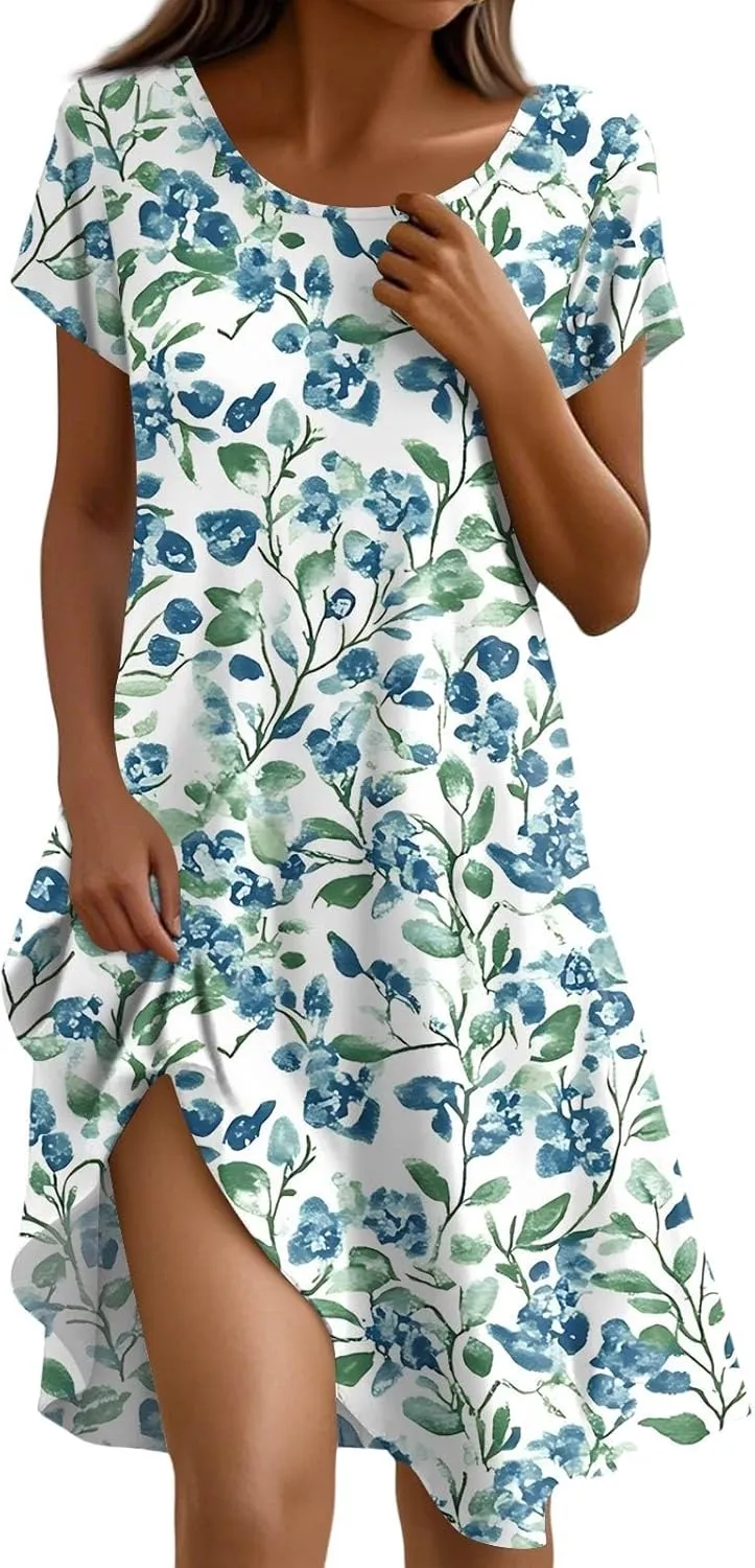 Women's Crew Neck Dresses Casual Sundress Beach Summer Short Sleeve Floral Knee Length A-Line with Pockets