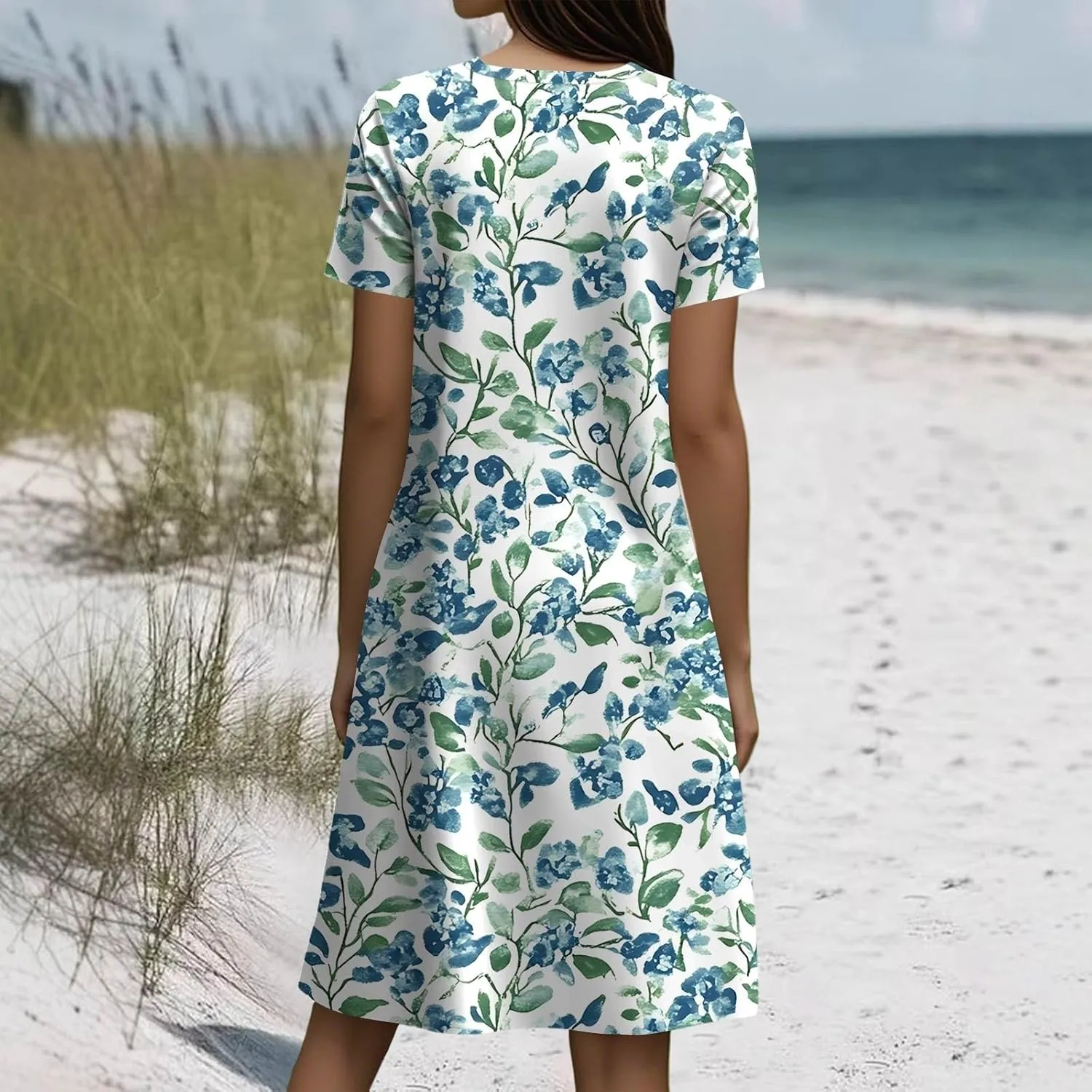 Women's Crew Neck Dresses Casual Sundress Beach Summer Short Sleeve Floral Knee Length A-Line with Pockets