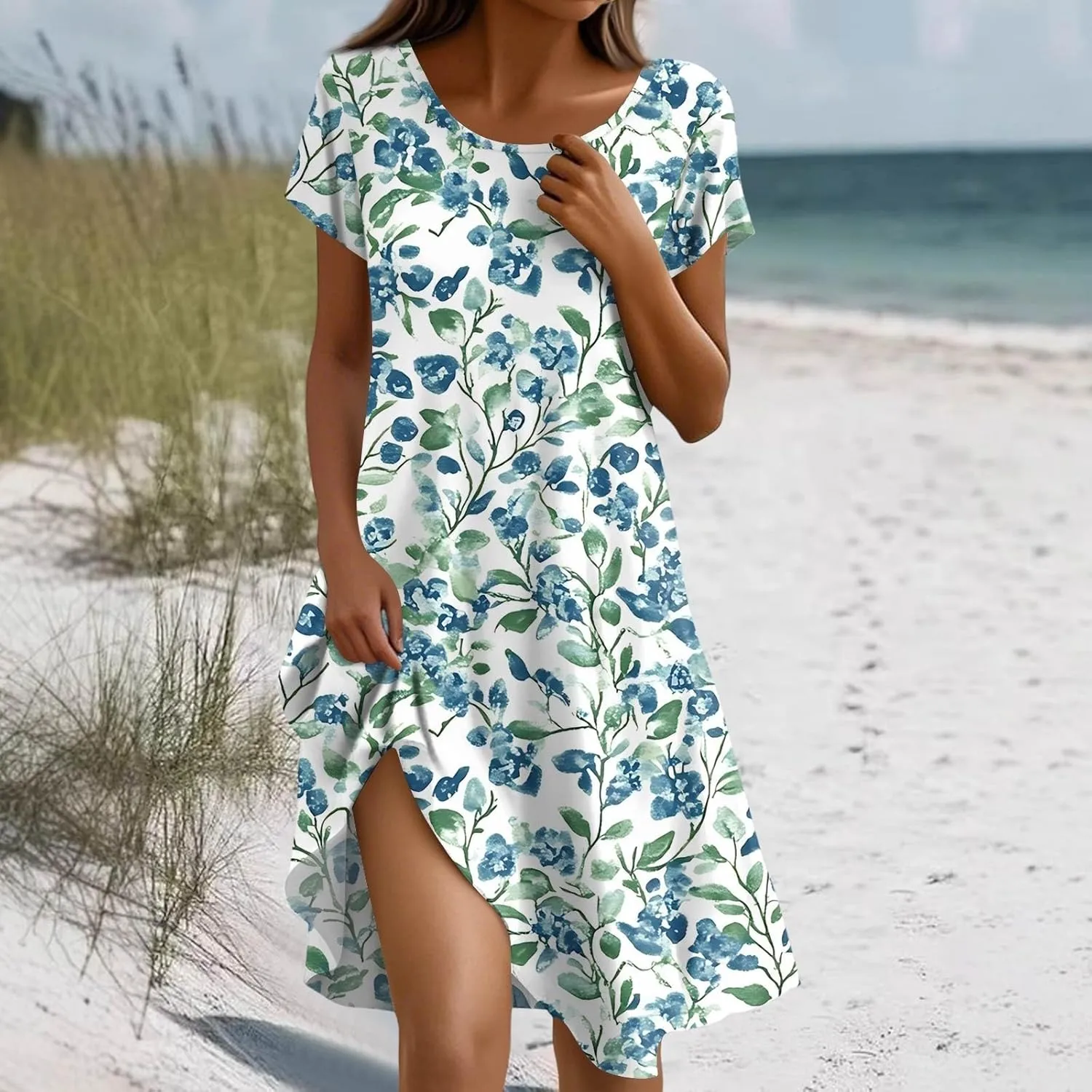 Women's Crew Neck Dresses Casual Sundress Beach Summer Short Sleeve Floral Knee Length A-Line with Pockets