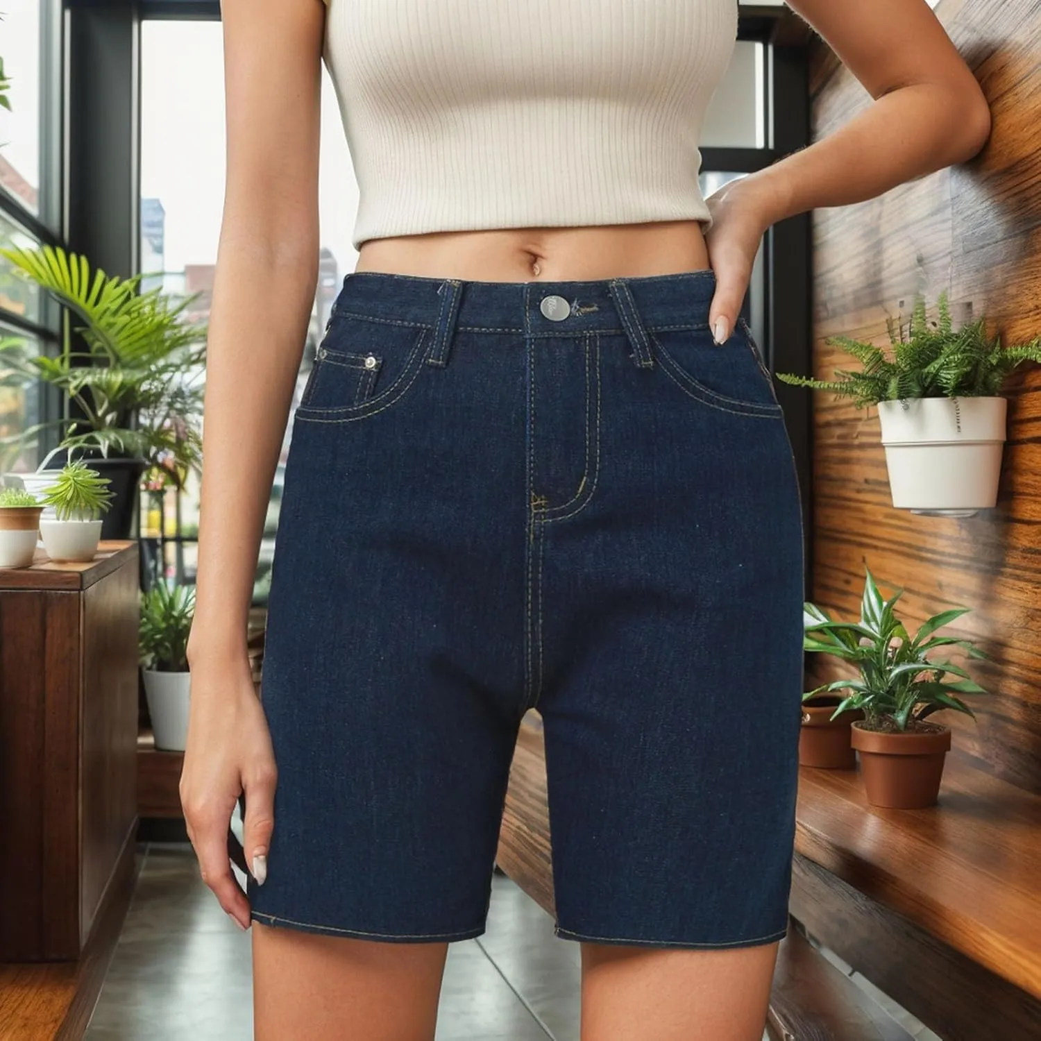 Women's Denim Shorts Trendy High Waisted Casual Summer Cropped Stretchy Bermuda Long Jean Shorts Straight Leg Pants