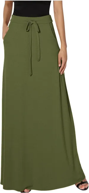 Women's Drawstring High Waist Maxi Skirts with Pockets Dressy Solid A Line Long Skirts Casual Slim Fit Pencil Skirt