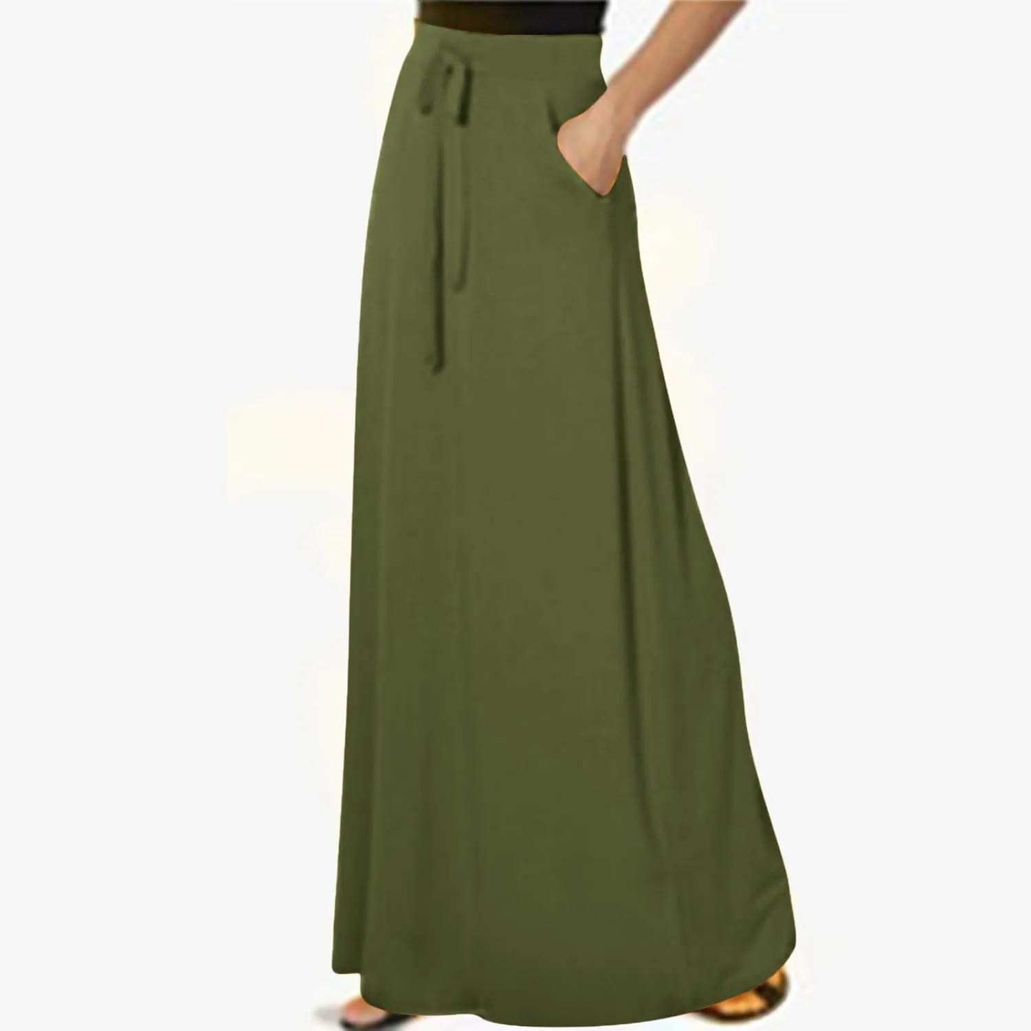 Women's Drawstring High Waist Maxi Skirts with Pockets Dressy Solid A Line Long Skirts Casual Slim Fit Pencil Skirt
