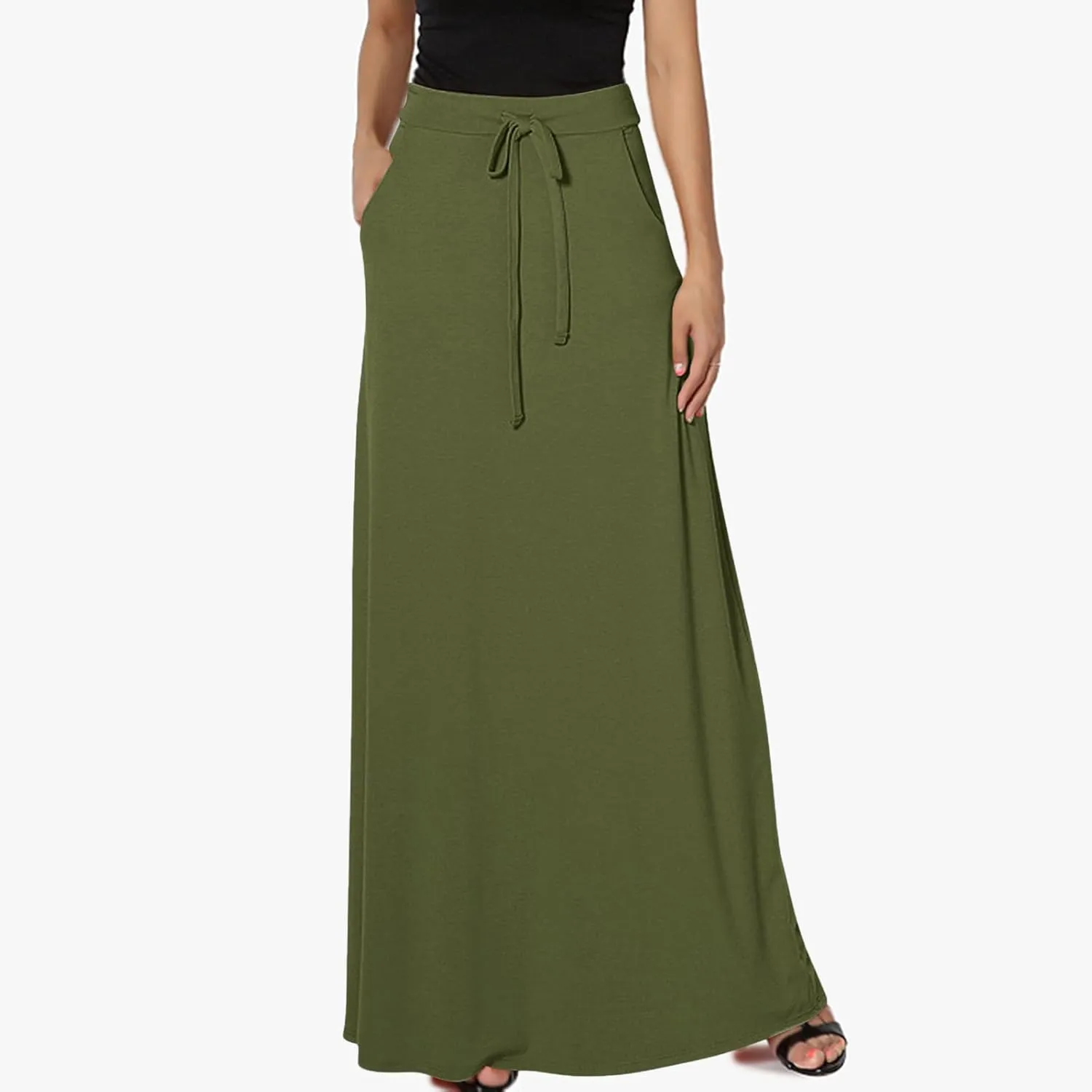 Women's Drawstring High Waist Maxi Skirts with Pockets Dressy Solid A Line Long Skirts Casual Slim Fit Pencil Skirt