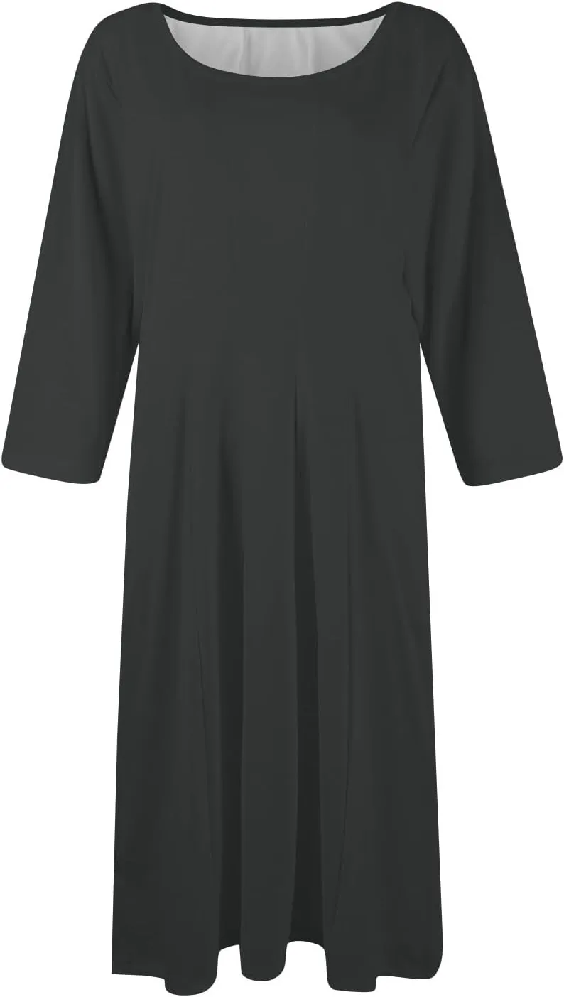 Womens Dress 3/4 Sleeve Summer Wrap Dress Plus Size Solid Plain Pleated Midi Dresses Spring Crewneck Dresses with Pocket