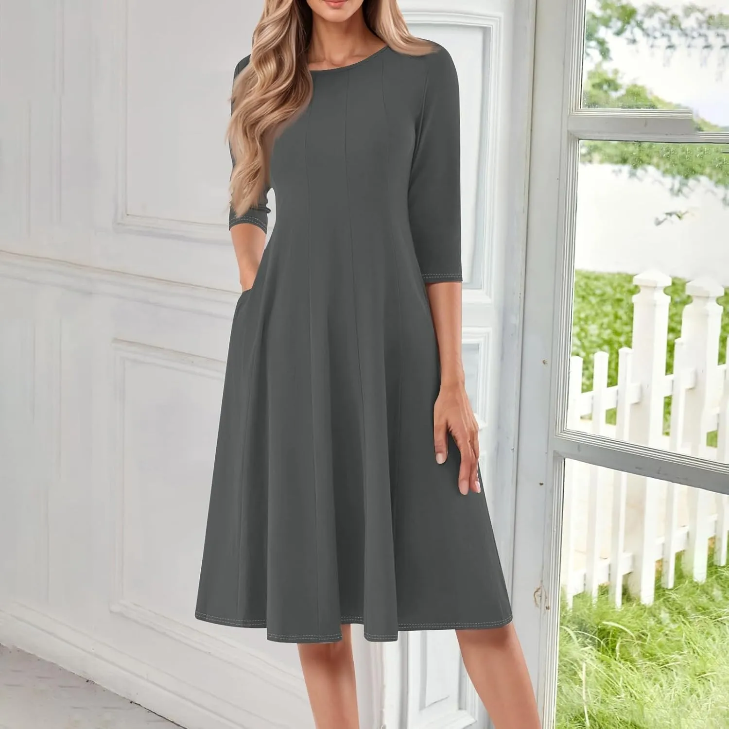 Womens Dress 3/4 Sleeve Summer Wrap Dress Plus Size Solid Plain Pleated Midi Dresses Spring Crewneck Dresses with Pocket