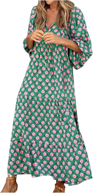 Women's Dresses Summer Maxi Dresses 2024 Casual Loose Swing Printed Midi Sleeve Dresses Beach, S-2XL