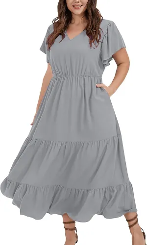 Womens Elegant Smocked Dresses V Neck Ruffle Sleeve Round Neck Solid Loose Short Flowy Pleated Mini Babydoll Dress