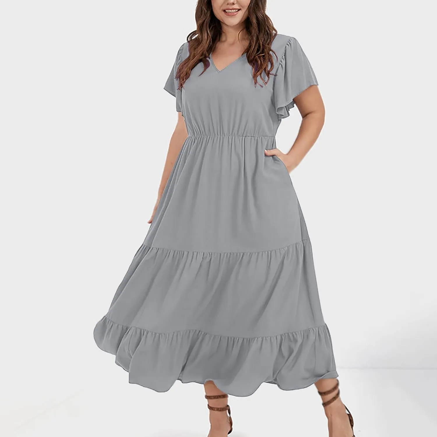 Womens Elegant Smocked Dresses V Neck Ruffle Sleeve Round Neck Solid Loose Short Flowy Pleated Mini Babydoll Dress