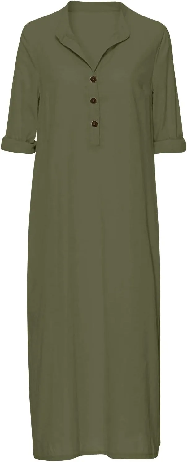 Women's Fall Casual Trendy Button Down Collar Long Sleeve Solid Maxi Linen Dress Plus Size, S-3XL