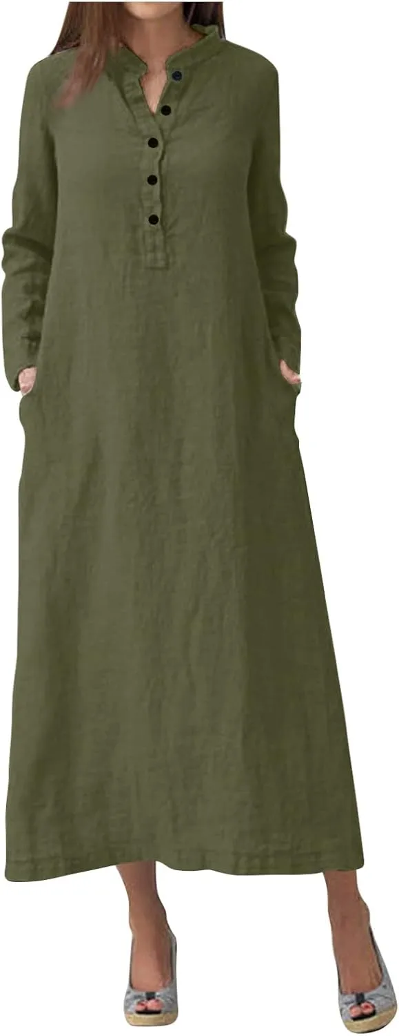 Women's Fall Casual Trendy Button Down Collar Long Sleeve Solid Maxi Linen Dress Plus Size, S-3XL