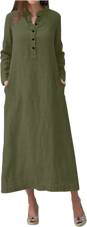 Women's Fall Casual Trendy Button Down Collar Long Sleeve Solid Maxi Linen Dress Plus Size, S-3XL