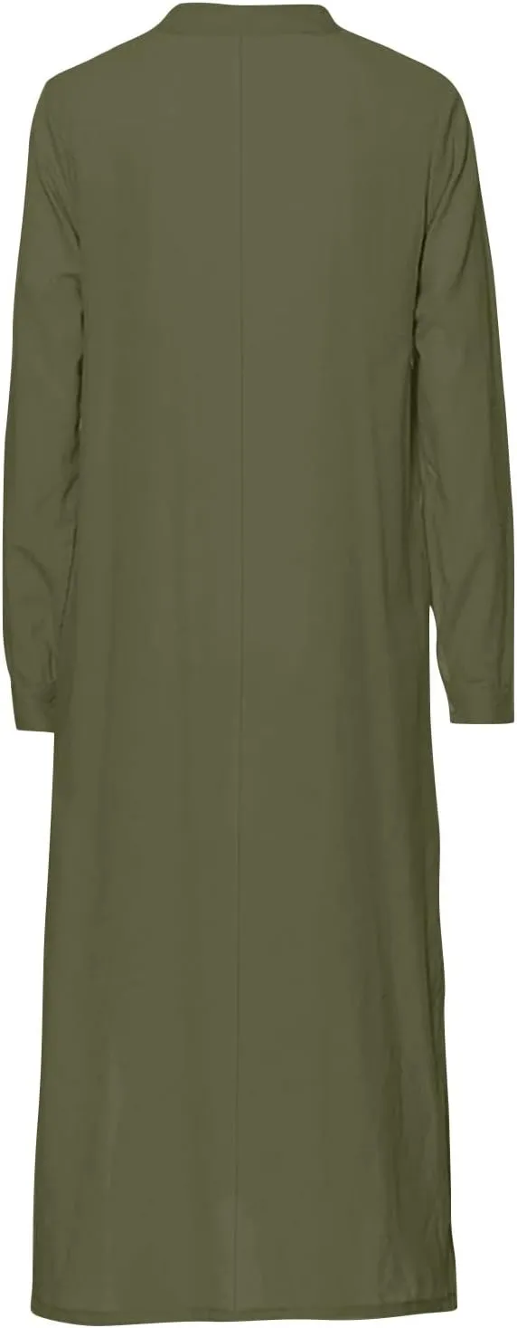 Women's Fall Casual Trendy Button Down Collar Long Sleeve Solid Maxi Linen Dress Plus Size, S-3XL
