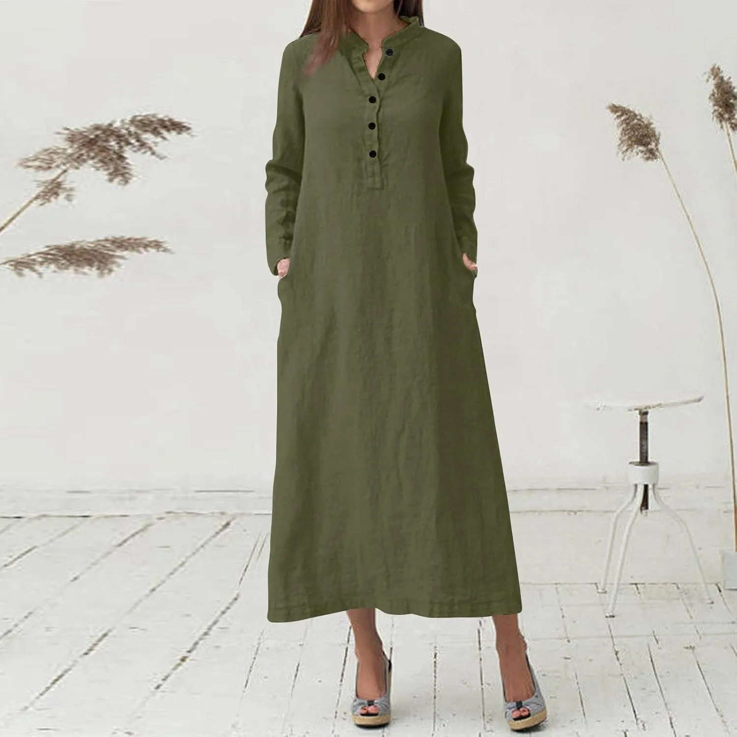 Women's Fall Casual Trendy Button Down Collar Long Sleeve Solid Maxi Linen Dress Plus Size, S-3XL