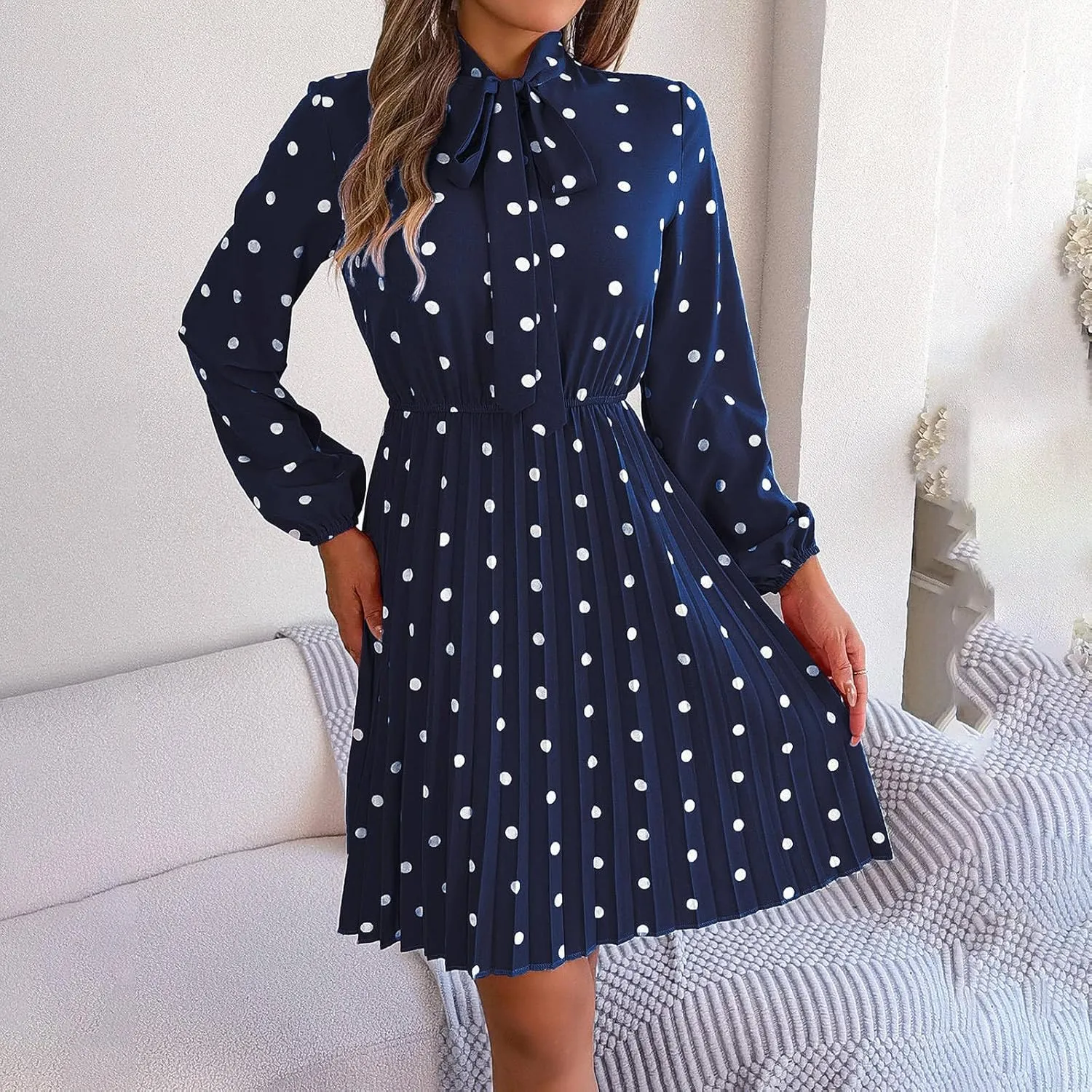 Womens Fall Dresses 2024 Plus Size Elegant Swiss Dot Long Sleeve Dress Flowy Swing Hem Elastic Waist Midi Dress