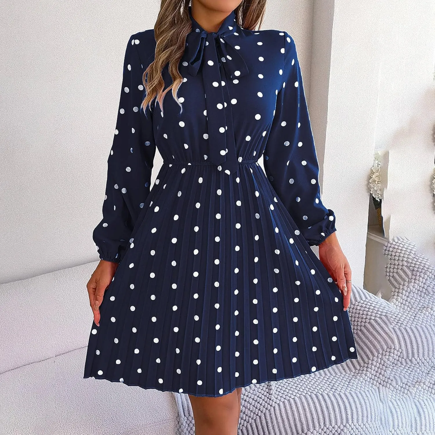 Womens Fall Dresses 2024 Plus Size Elegant Swiss Dot Long Sleeve Dress Flowy Swing Hem Elastic Waist Midi Dress