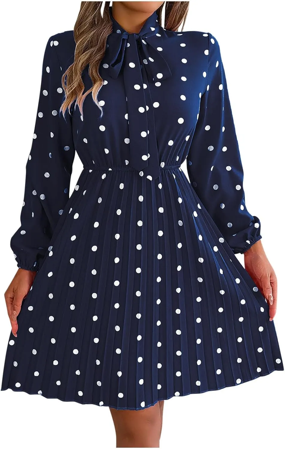 Womens Fall Dresses 2024 Plus Size Elegant Swiss Dot Long Sleeve Dress Flowy Swing Hem Elastic Waist Midi Dress