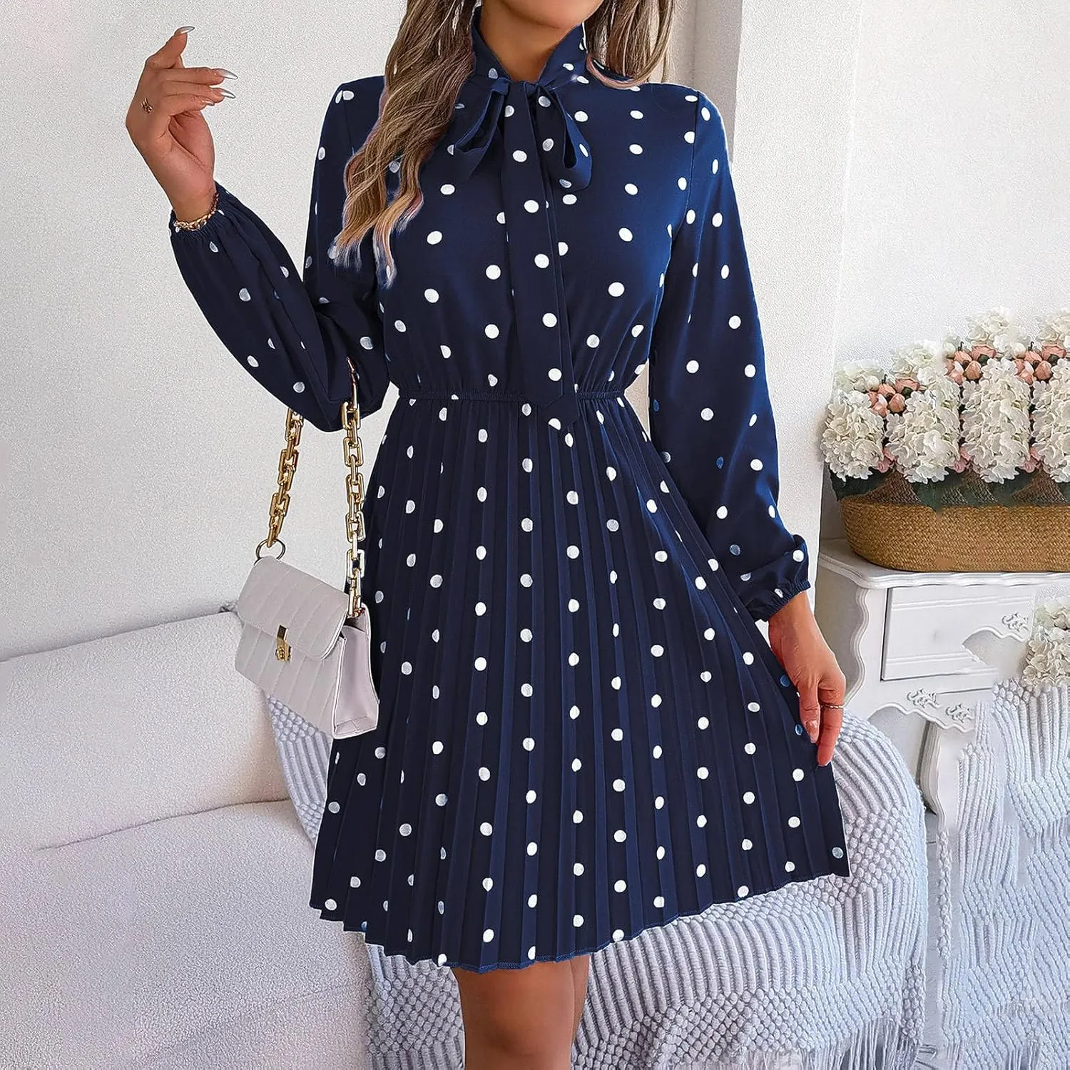 Womens Fall Dresses 2024 Plus Size Elegant Swiss Dot Long Sleeve Dress Flowy Swing Hem Elastic Waist Midi Dress