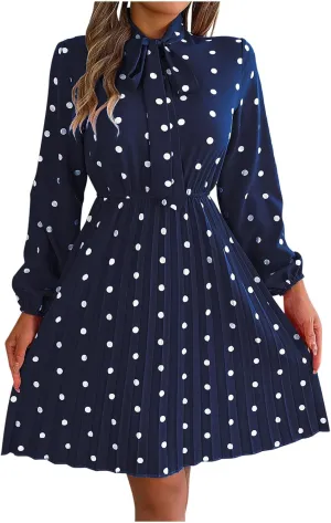 Womens Fall Dresses 2024 Plus Size Elegant Swiss Dot Long Sleeve Dress Flowy Swing Hem Elastic Waist Midi Dress