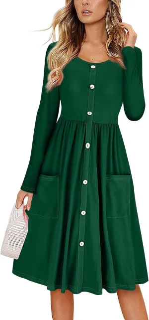 Women's Fall Trendy Long Sleeve Button Stripe Solid Pleated Dress with Pockets