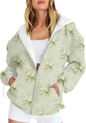 Women's Fashion Floral Print Zip Up Hoodies With Pockets, Casual Style, Long Sleeve, S-3XL