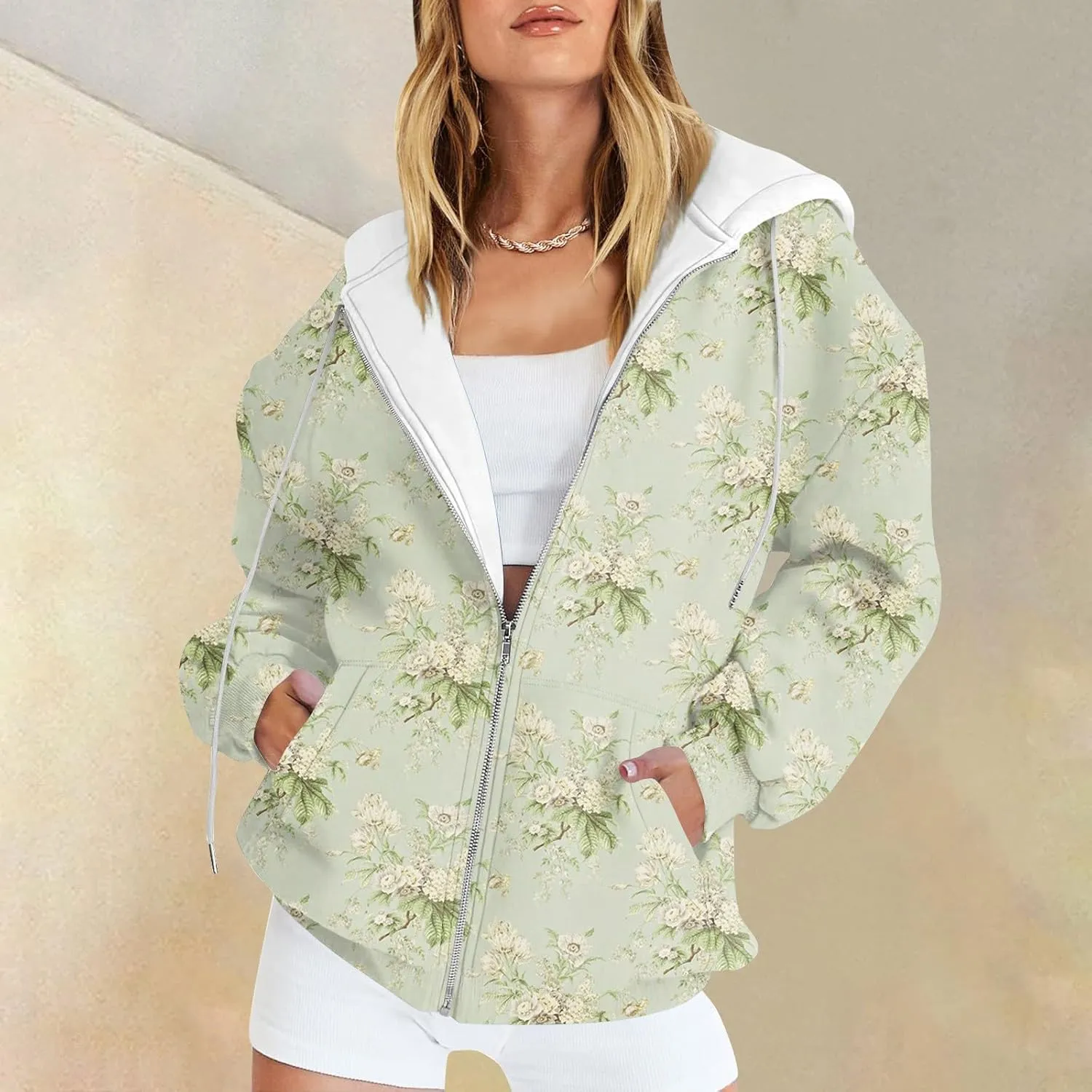 Women's Fashion Floral Print Zip Up Hoodies With Pockets, Casual Style, Long Sleeve, S-3XL