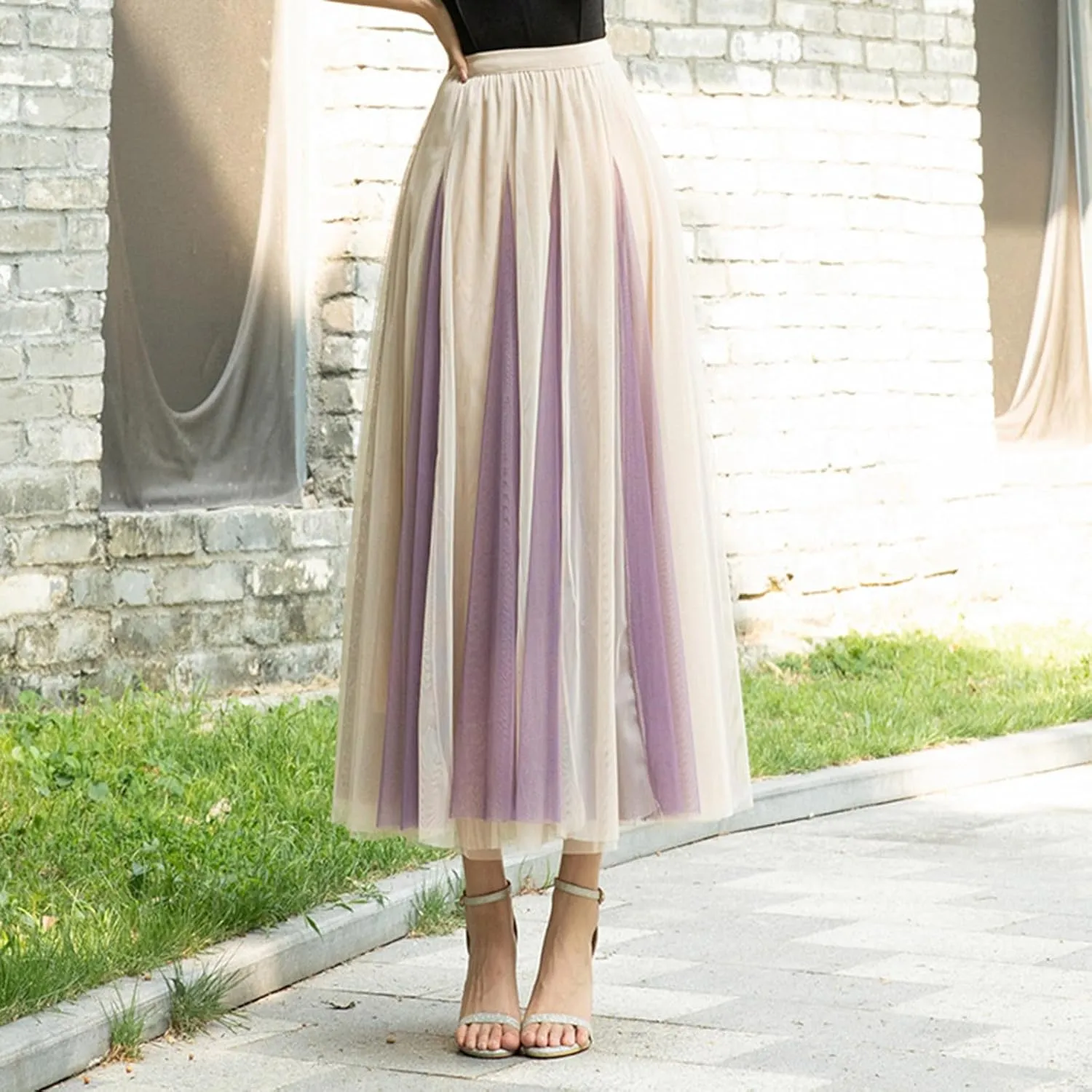 Womens Fashion Patchwork Mid Length Skirts Casual Flowy Tulle Bubble Fairy Skirt Carnival Holiday Party A Line Skirts
