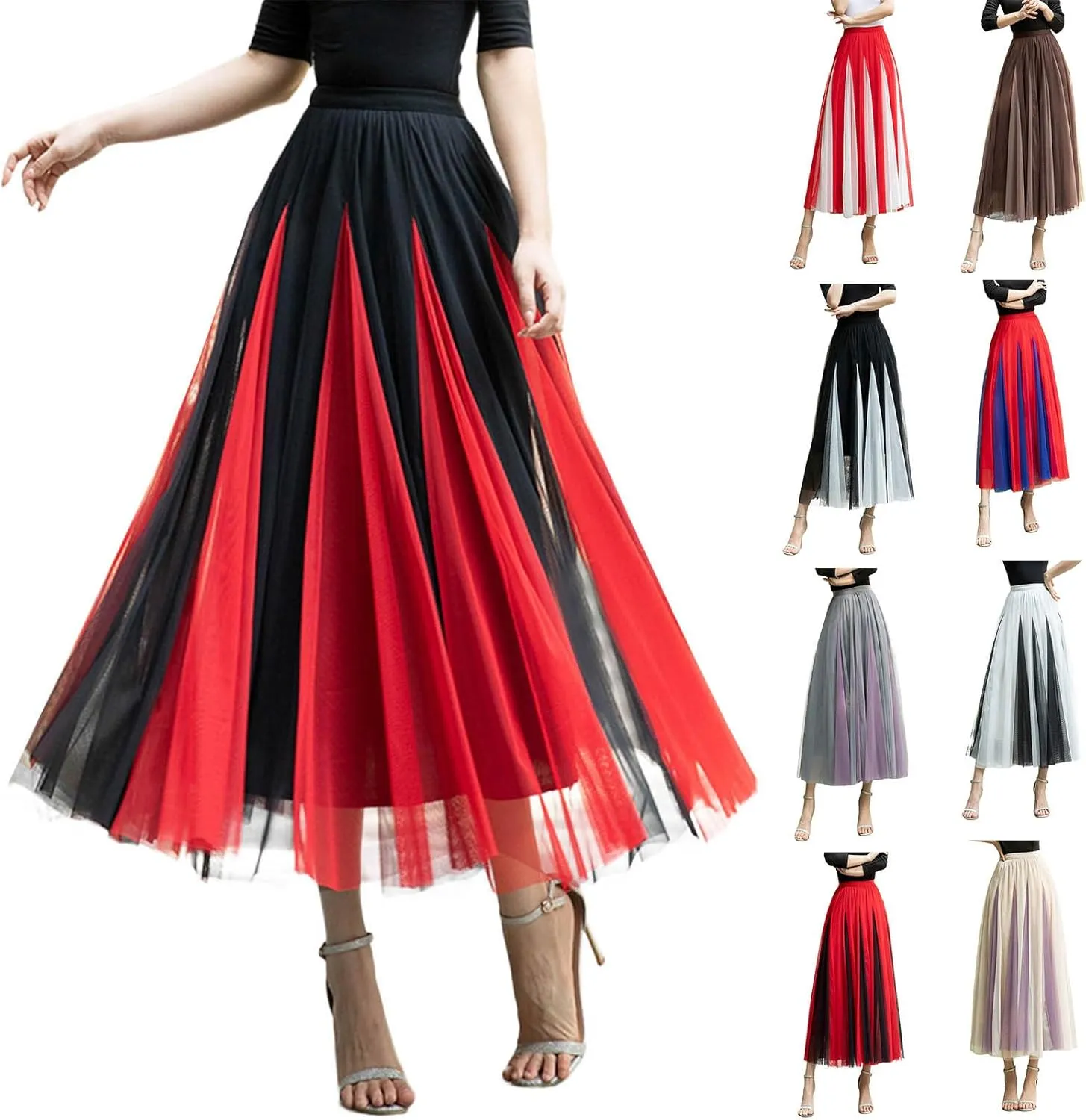 Womens Fashion Patchwork Mid Length Skirts Casual Flowy Tulle Bubble Fairy Skirt Carnival Holiday Party A Line Skirts
