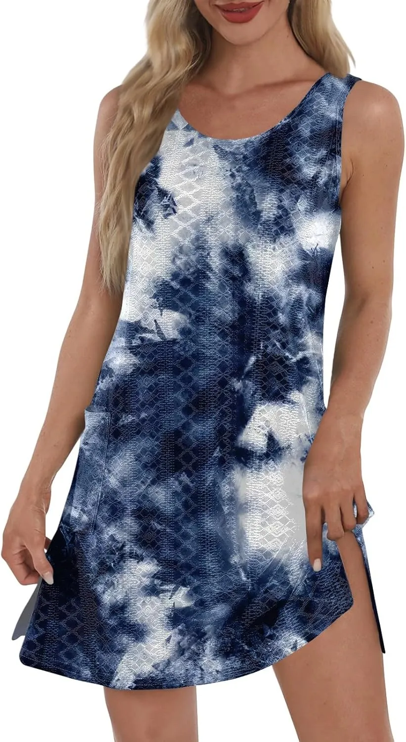 Womens Floral Beach Tank Dress Summer Tie Dye Mini Dresses with Pockets Vacation Boho Sleeveless Sundress