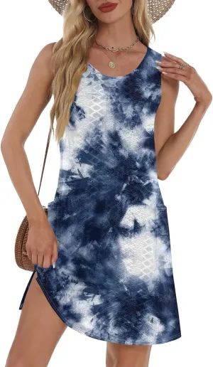Womens Floral Beach Tank Dress Summer Tie Dye Mini Dresses with Pockets Vacation Boho Sleeveless Sundress