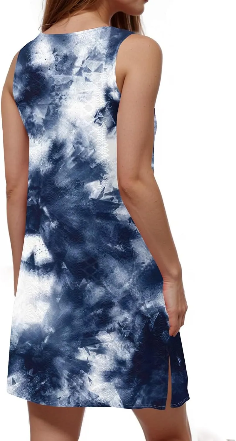 Womens Floral Beach Tank Dress Summer Tie Dye Mini Dresses with Pockets Vacation Boho Sleeveless Sundress
