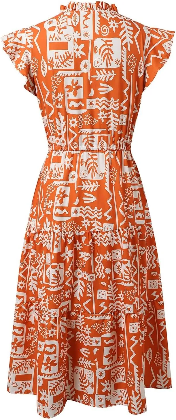 Women's Floral Boho Dress Hawaiian Dresse Short Sleeve V Neck Summer Beach Wedding Guest Swing Maxi Sundress