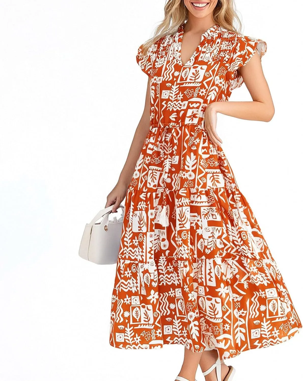 Women's Floral Boho Dress Hawaiian Dresse Short Sleeve V Neck Summer Beach Wedding Guest Swing Maxi Sundress